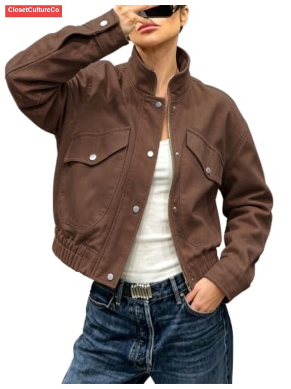 Women's Cropped Bomber Jacket Snap Pockets Button Front Casual